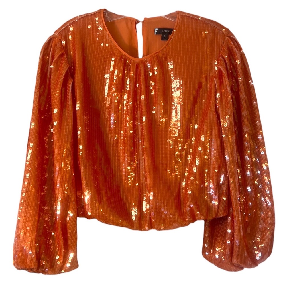 JCrew Orange Sequin Balloon Sleeve Cropped Blouse Top women Small festival - Picture 14 of 16